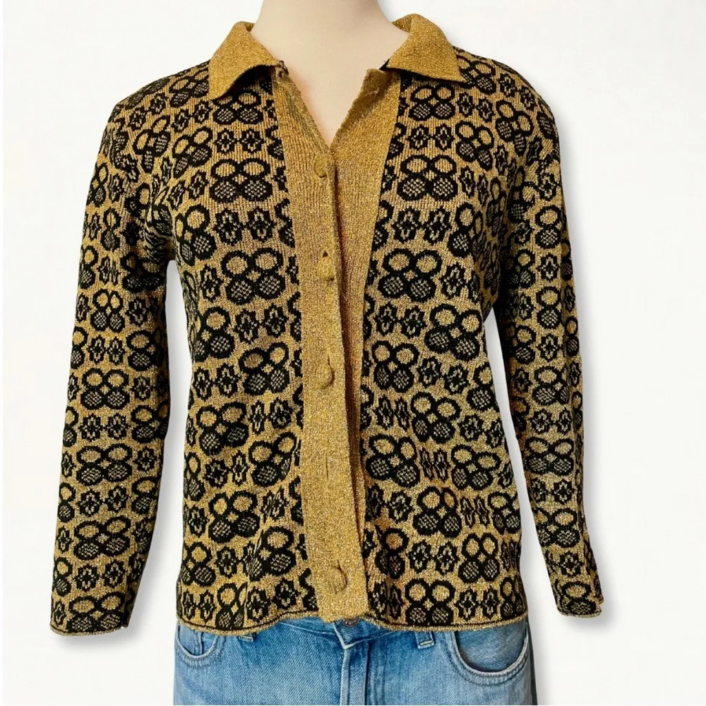 Vintage 60s 70s Gold and Black Metallic Lurex Collared Cardigan Sweater - Picture 2 of 10